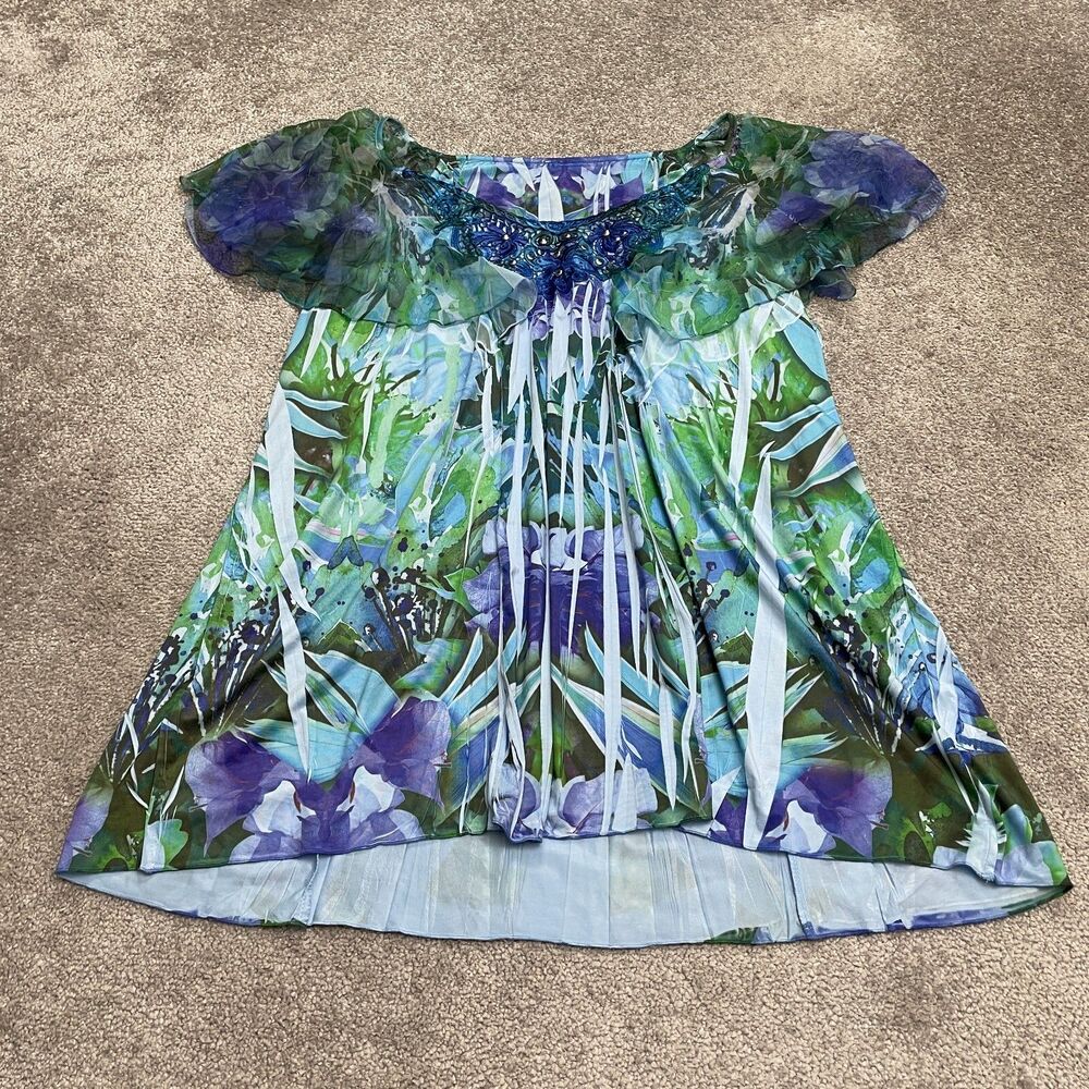 Unbranded Floral Studded Embroidered Blouse Womens 1X Multicolor Ruffles Casual
